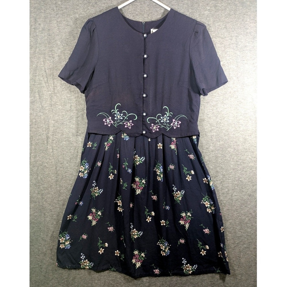 Periwinkle Vintage Navy Floral Mock Two Piece Midi Dress Embroidery Womens Sz 14